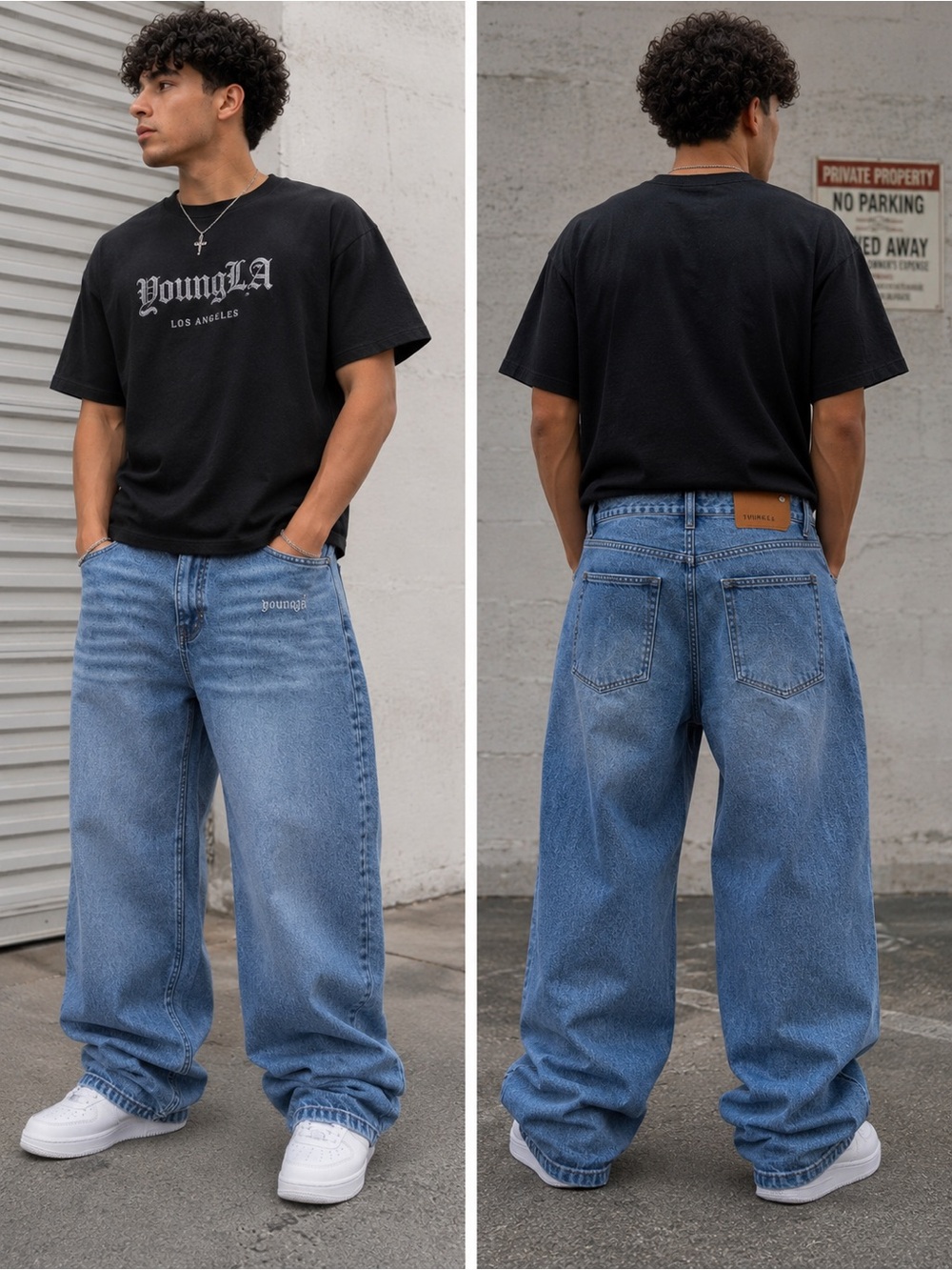YOUNGLA 6013 Baggy Ass Jeans BlUE Wash Men’s Large Loose Fit Leg Denim